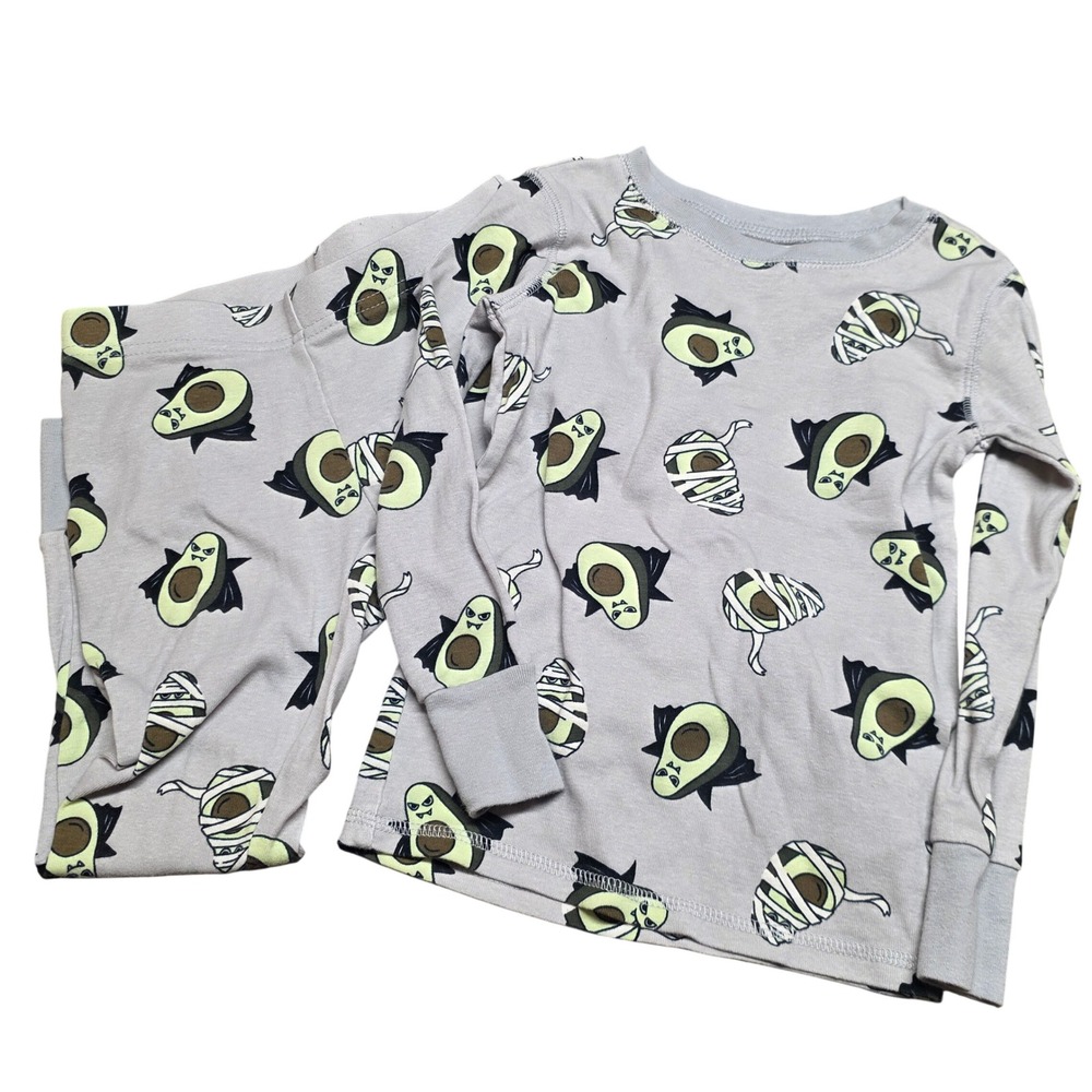 Old Navy Kids Unisex XS 5 Avocado Monster Halloween Pajama Set Gray Long Sleeve